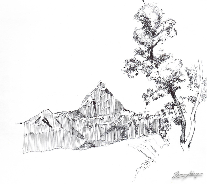 Dot Pen Mountain Landscape Sketch with Tree
