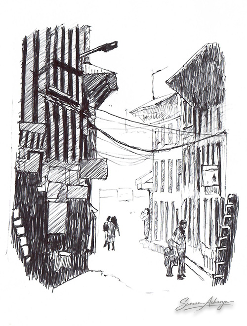 Street Sketch in Dot Pen | Detailed Urban Ink Drawing